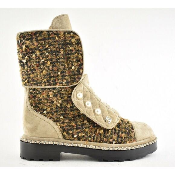 Chanel 18K Citizen Brown Beige Green Tweed CC Chain Pearl Combat Tall Boots 34.5 - Picture 1 of 12